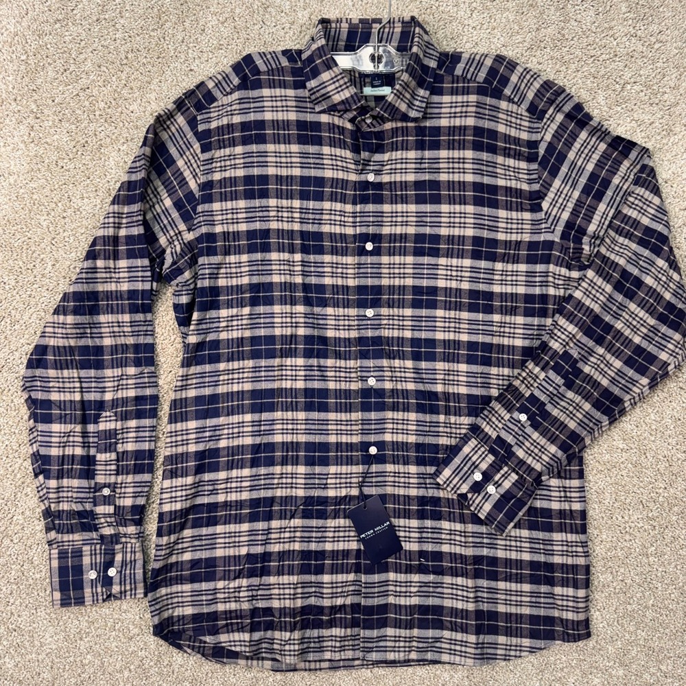 Peter Millar Shirt Mens L MF23XW17LTX Navy Plaid Crown Crafted Flannel NEW